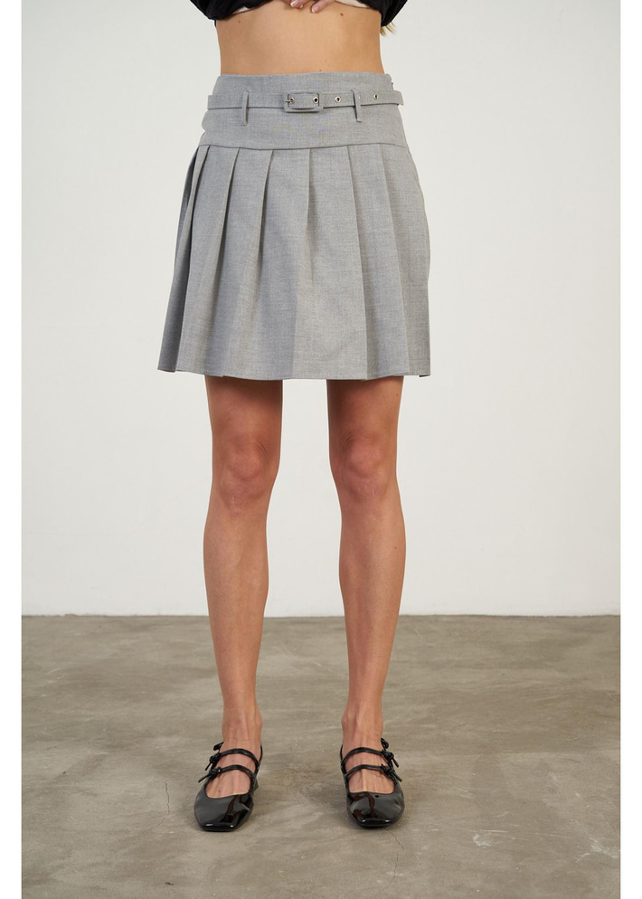 Kemerli Pile Detaylı Poliviskon Etek