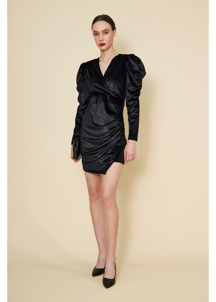 Kolu Büzgülü Simli Elbise