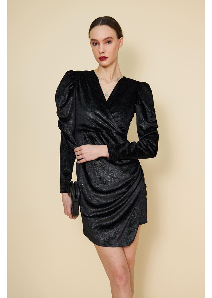 Kolu Büzgülü Simli Elbise