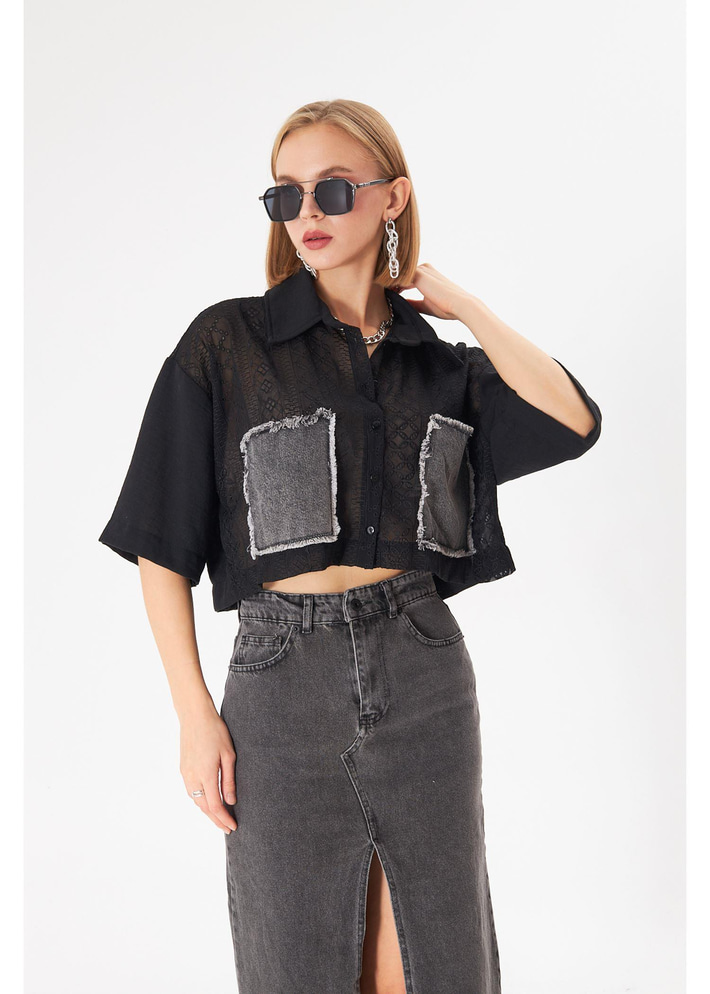 Kot Cepli Brodeli Kısa Keten Görünümlü Gömlek 