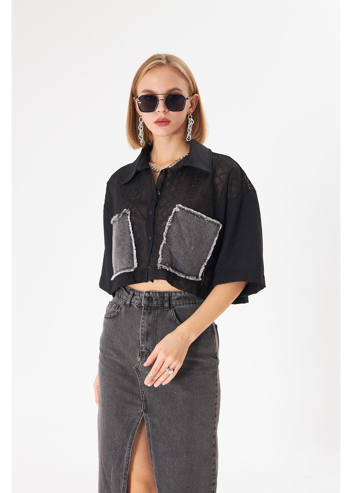 Kot Cepli Brodeli Kısa Keten Görünümlü Gömlek 