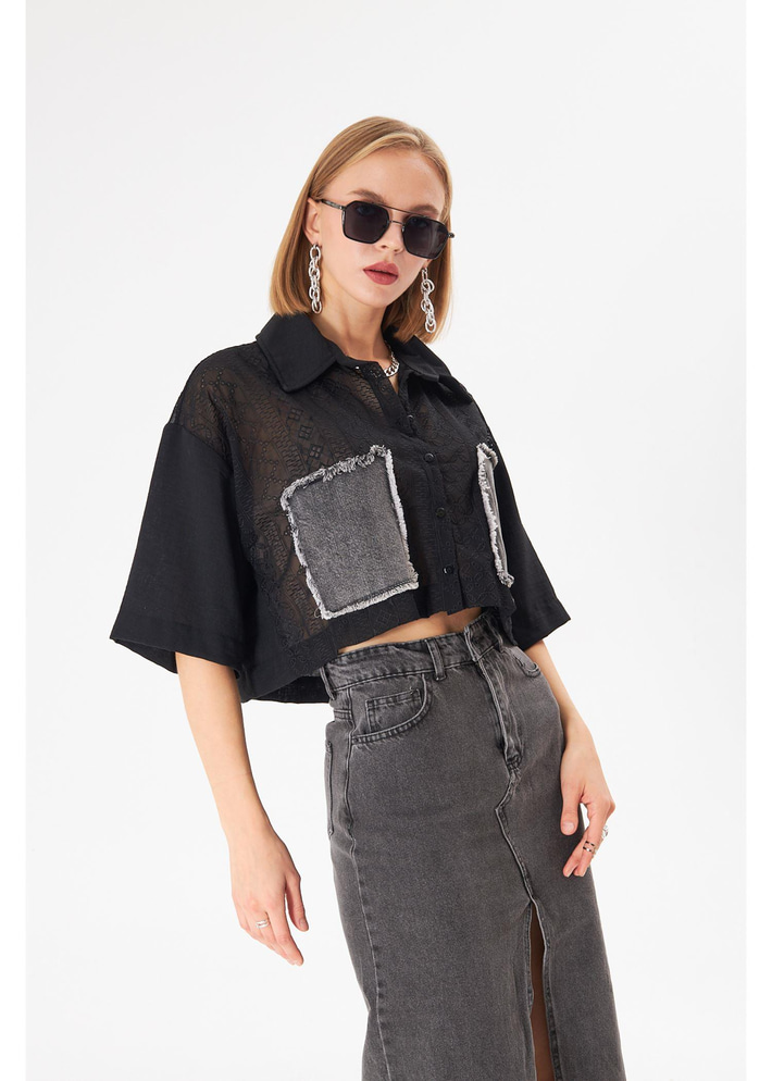 Kot Cepli Brodeli Kısa Keten Görünümlü Gömlek 