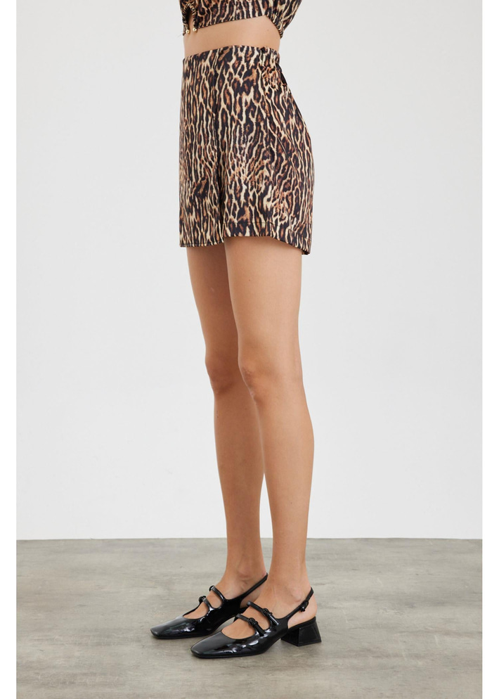 Leopar Desen Saten Şort Etek