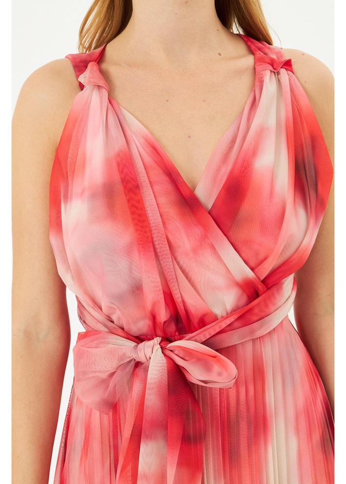 Omuzdan Bağlamalı Baskılı Tül Elbise 