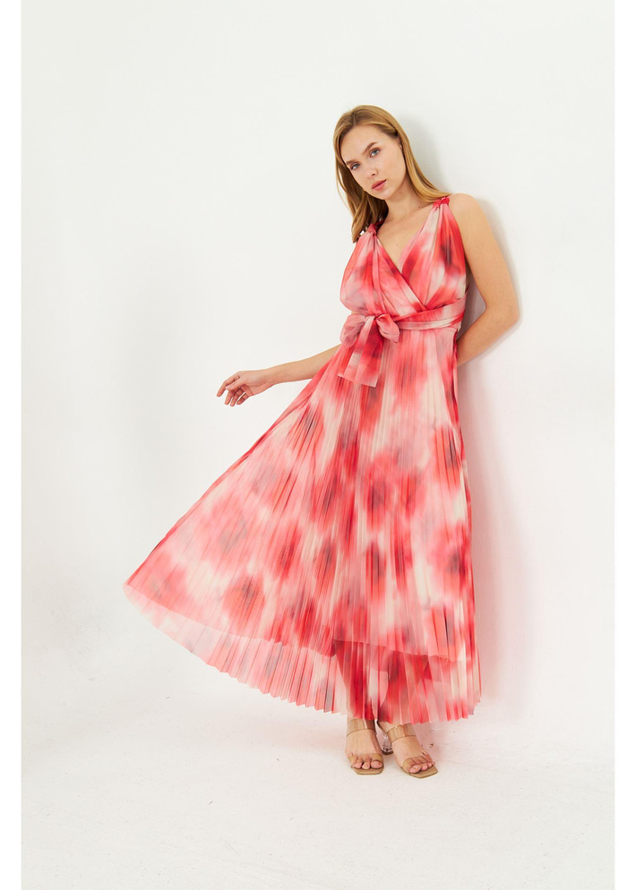 Omuzdan Bağlamalı Baskılı Tül Elbise 