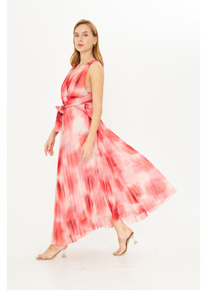 Omuzdan Bağlamalı Baskılı Tül Elbise 