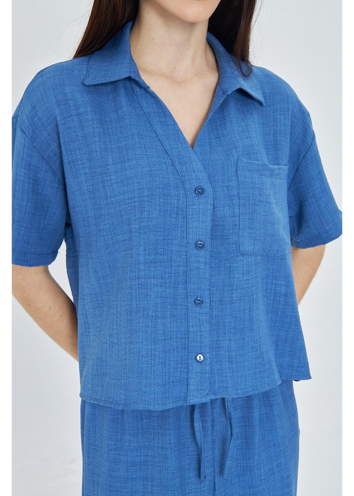 Önü Cepli Kısa Keten Görünümlü Gömlek 