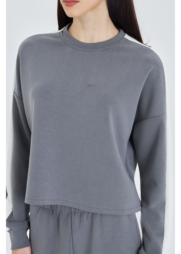 Şeritli Scuba Modal Crop Sweatshirt 