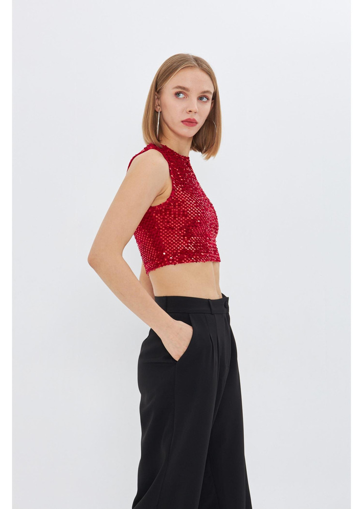 Sıfır Kol Pul Payet Bluz 