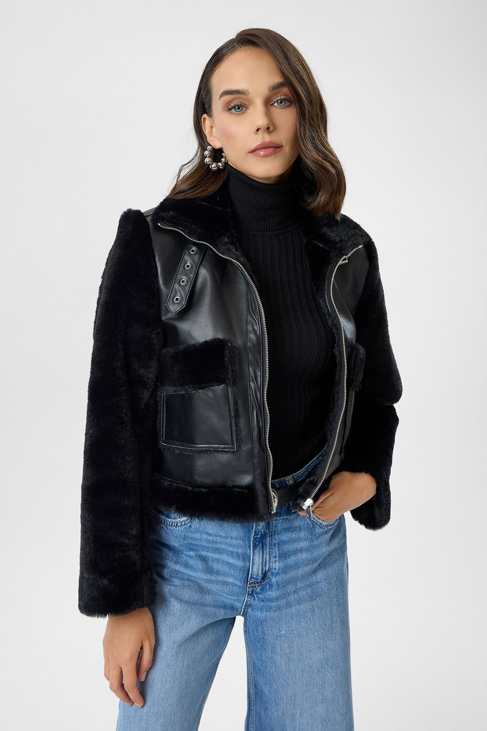 Çift Cepli Deri Peluş Mont