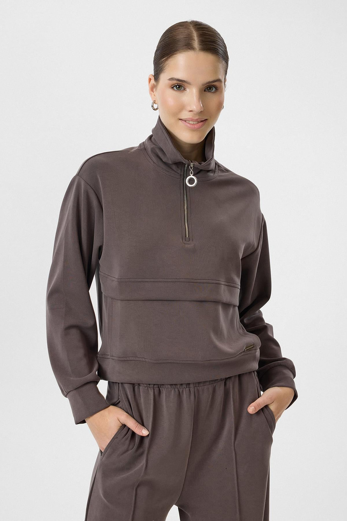 Yarım Fermuarlı Cepli Modal Sweatshirt