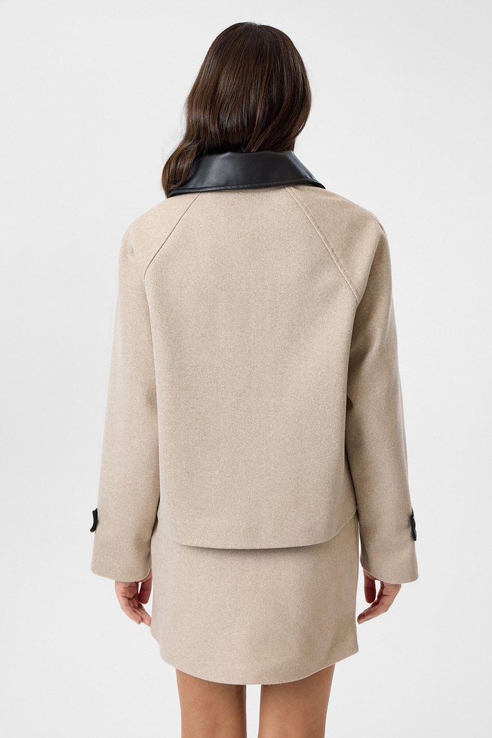 Deri Yakalı Astarlı Kaşe Ceket