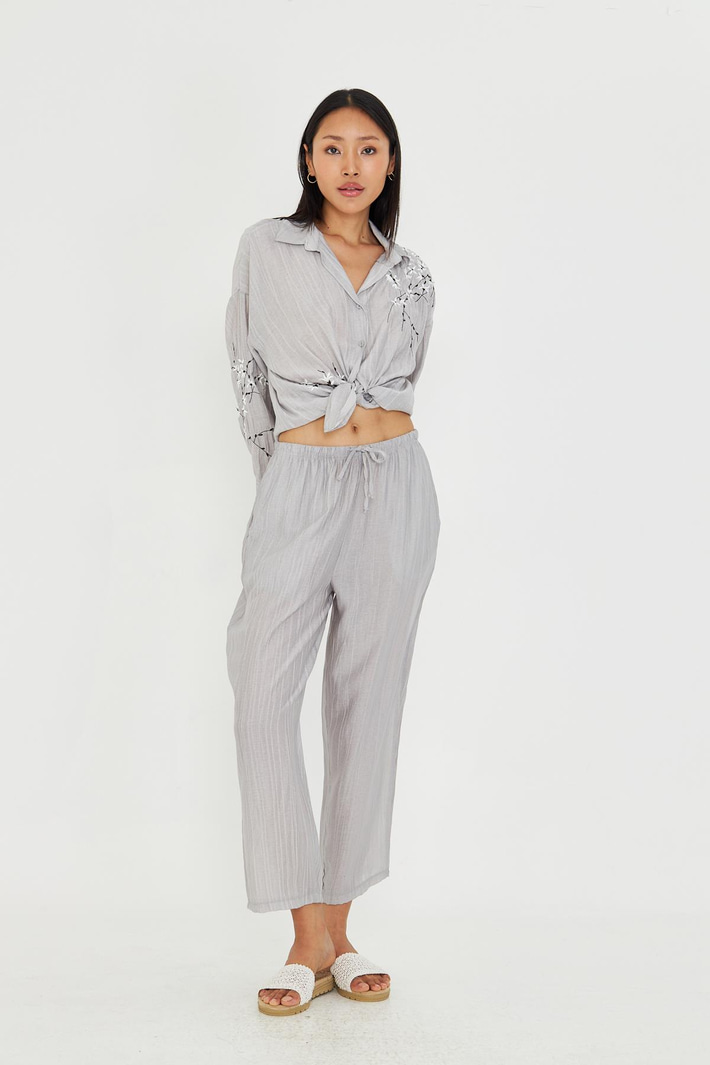 Beli Lastikli Çizgili Rayon Pantolon