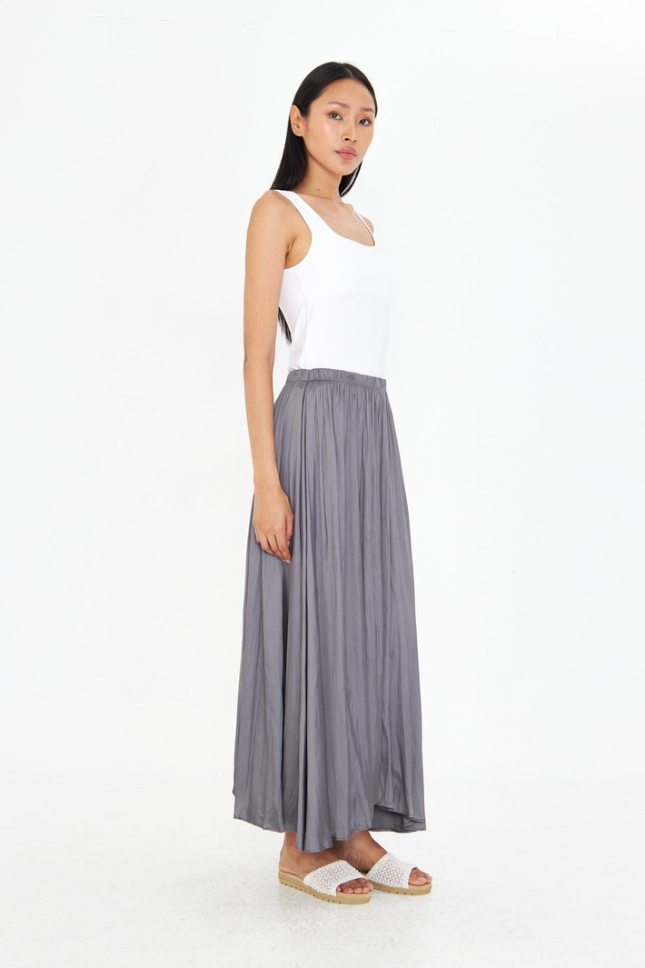 Beli Lastikli Kraşlı Uzun Saten Etek 