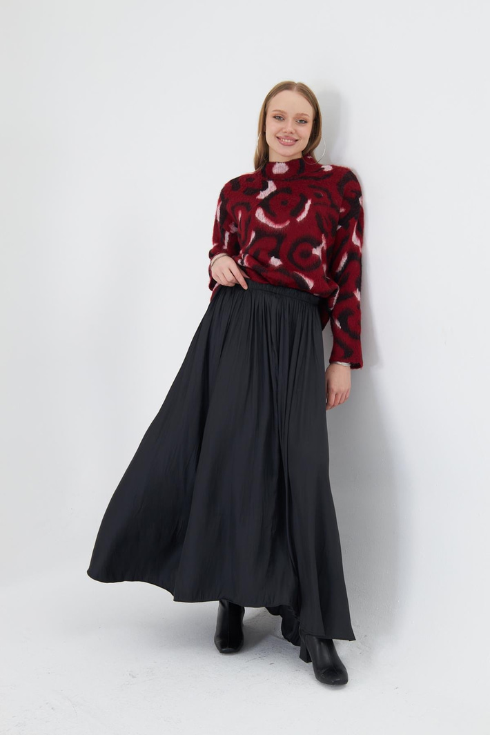 Beli Lastikli Kraşlı Uzun Saten Etek 