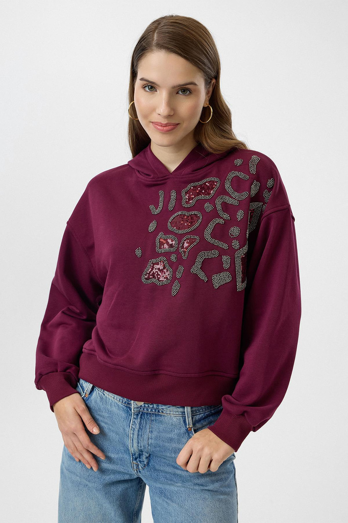 Kapüşonlu Boncuk Nakışlı Crop Sweatshirt