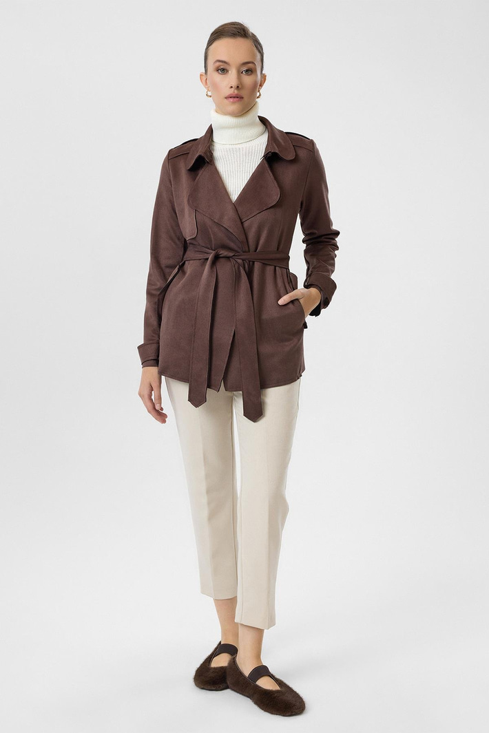 Kuşaklı Cepli Süet Trençkot