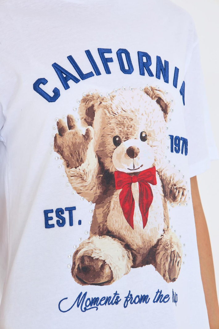 California Nakışlı Tedy Taşlı T-shirt - Siyah