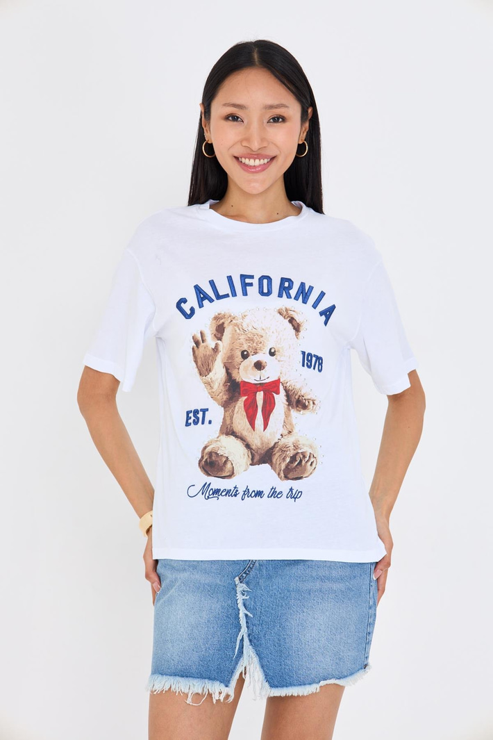 California Nakışlı Tedy Taşlı T-shirt - Siyah