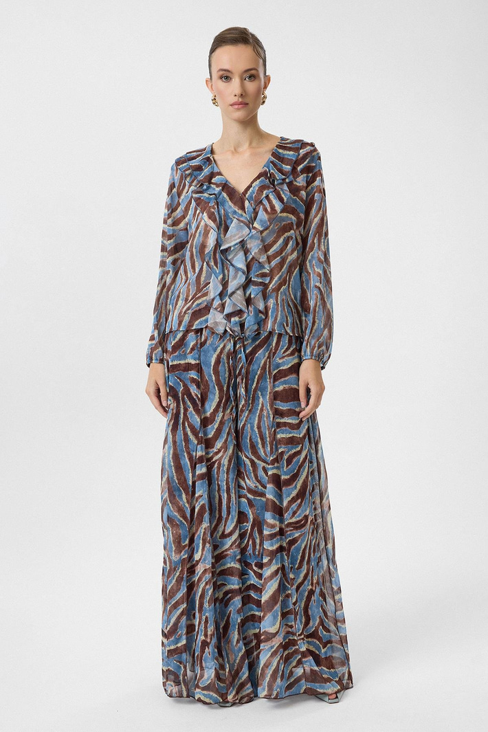 Volanlı Desenli Şifon Bluz