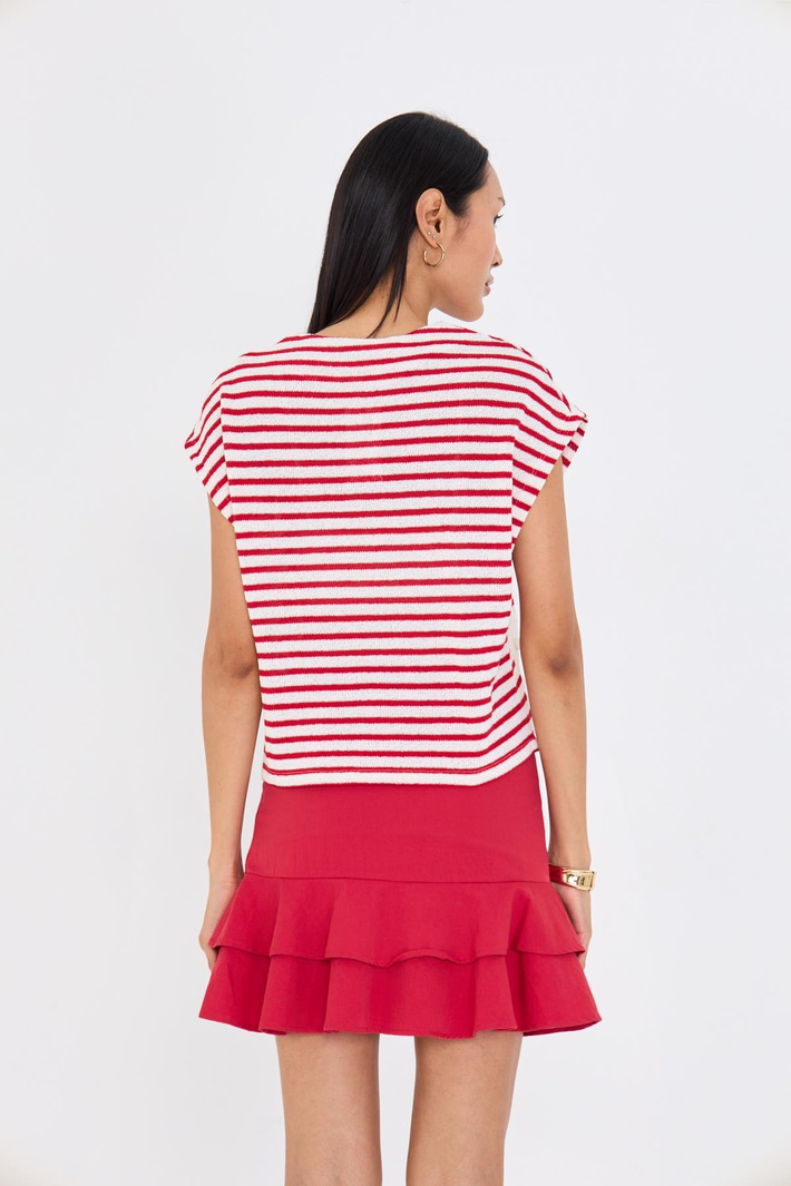 Düğme Detaylı Çizgili Sıfır Kol Bluz - Kırmızı