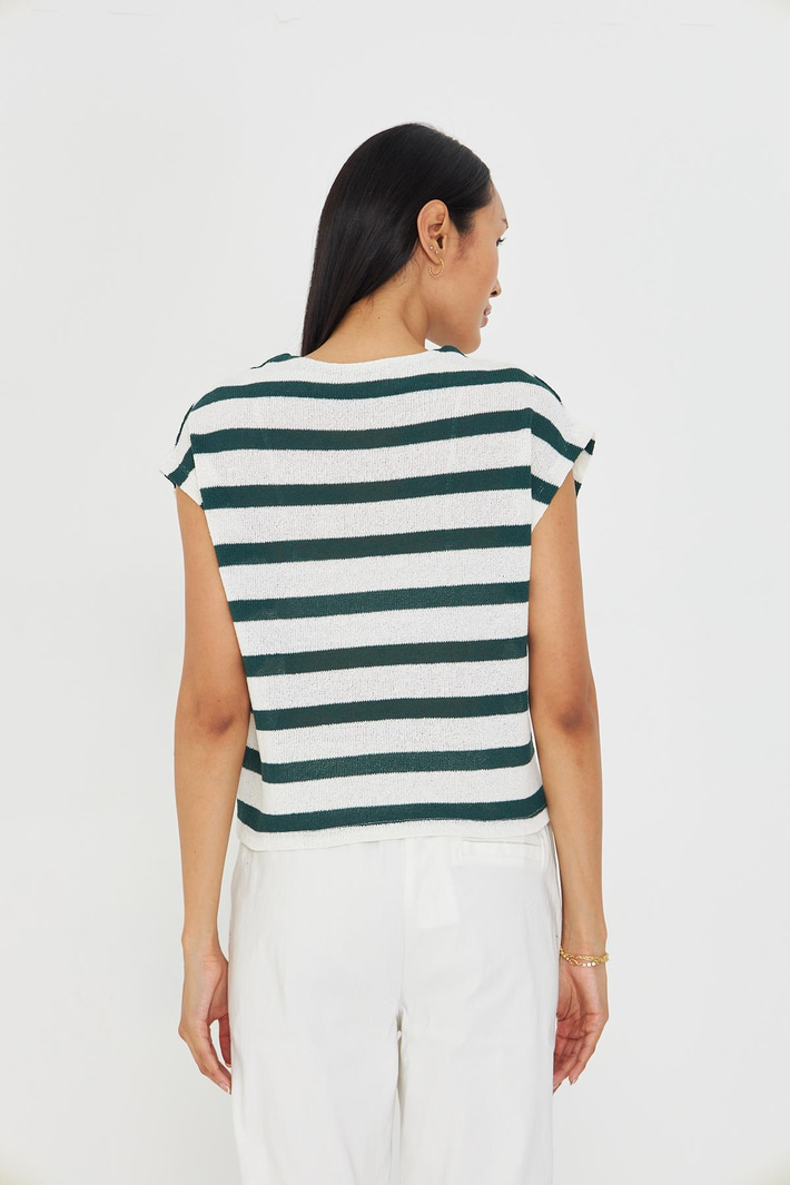 Düğme Detaylı Çizgili Sıfır Kol Bluz