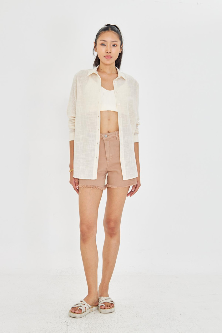 Düşük Omuz Keten Görünümlü Gömlek