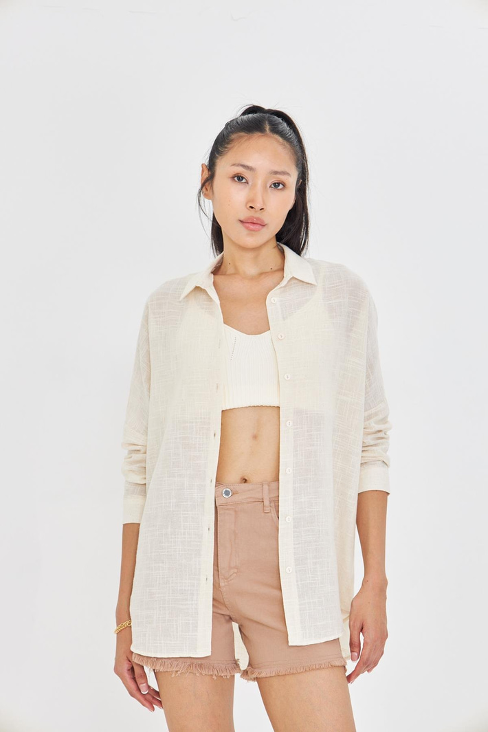 Düşük Omuz Keten Görünümlü Gömlek