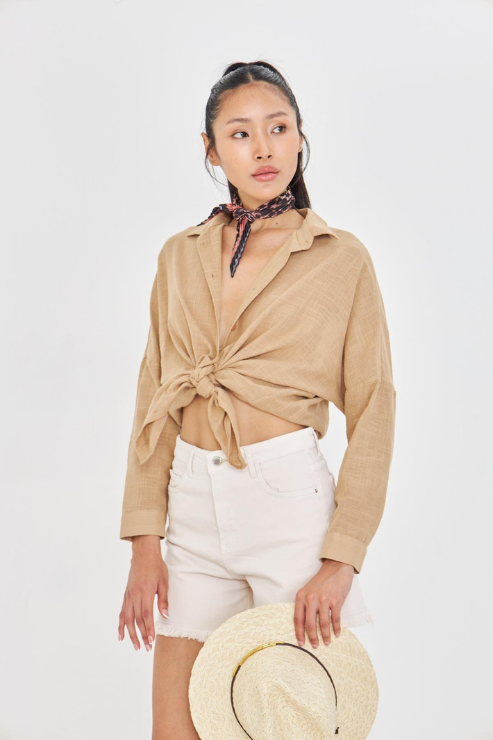 Düşük Omuz Keten Görünümlü Gömlek