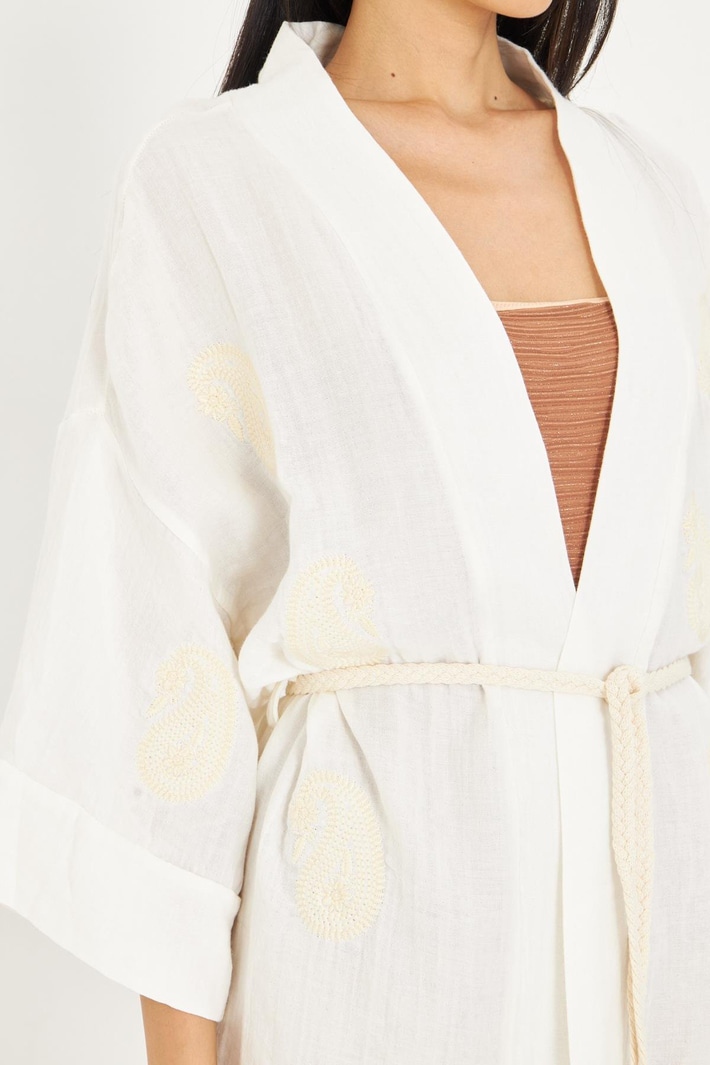 Nakışlı Keten Karışımlı Müslin Kimono