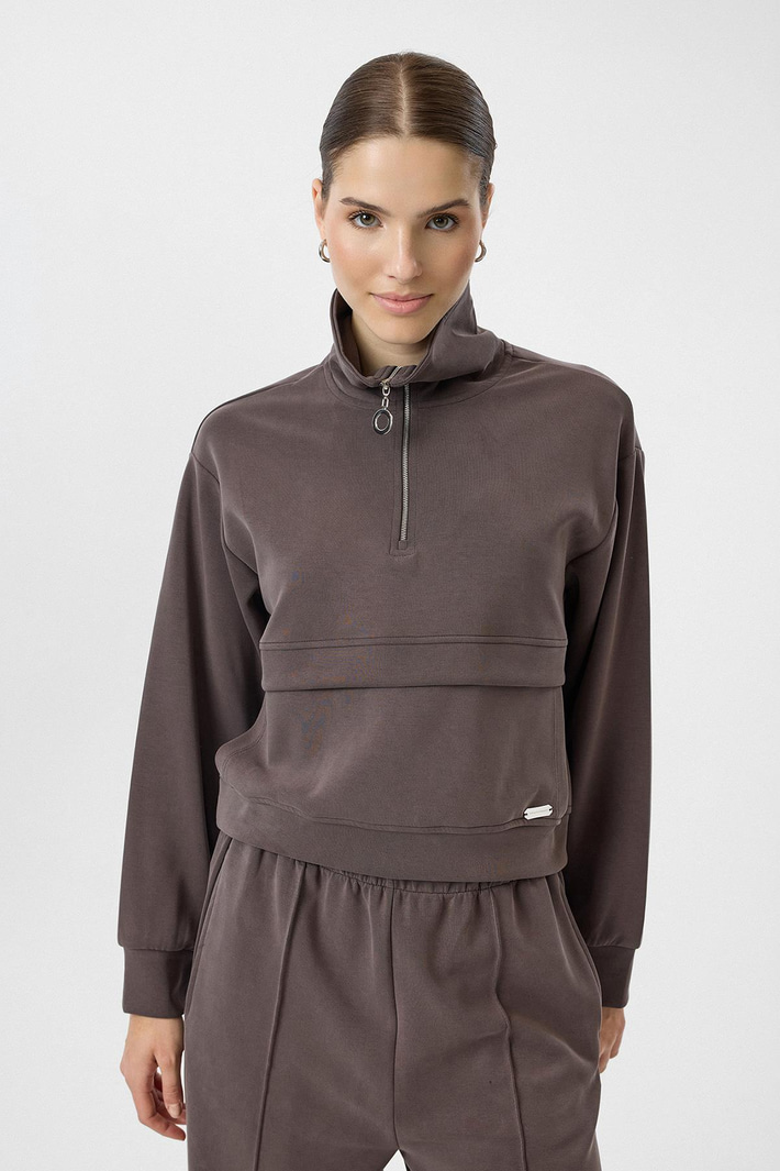 Yarım Fermuarlı Cepli Modal Sweatshirt