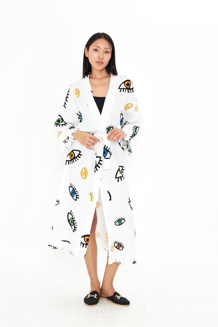 Göz Baskılı Uzun Müslin Kimono