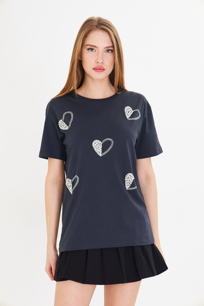 Kalpli Taş İşlemeli T-Shirt