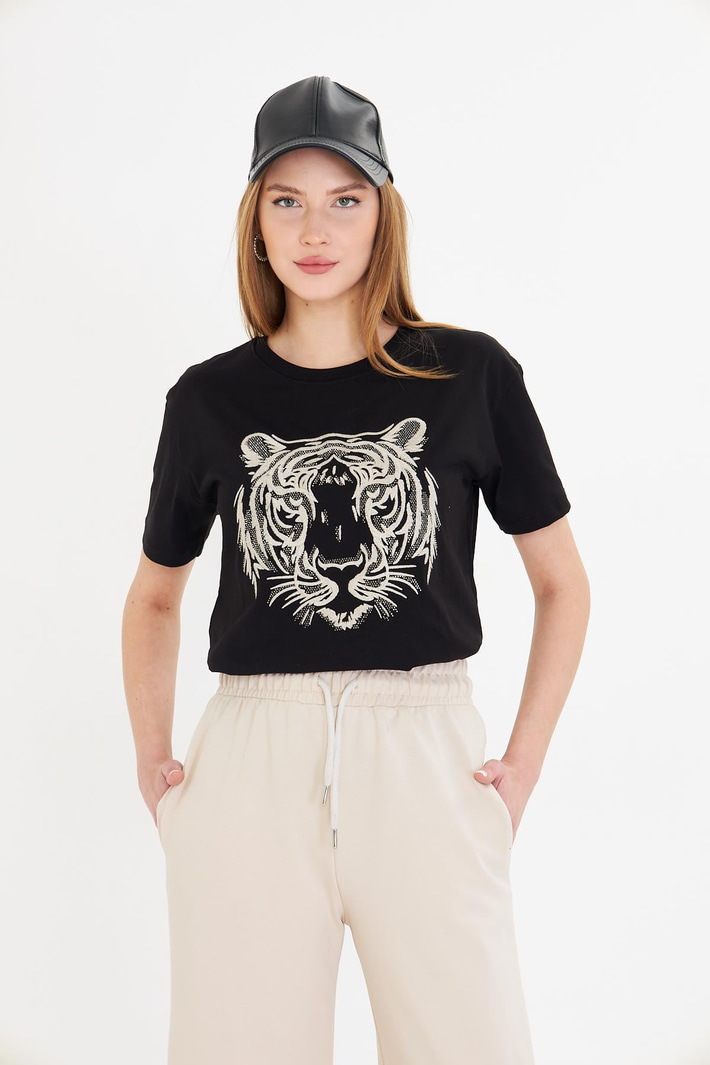 Kaplan Baskılı Taşlı T-Shirt