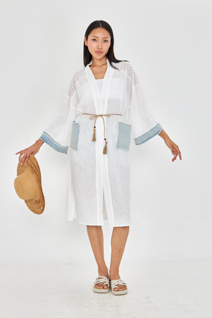 Kot Garnili Brodeli Keten Görünümlü Kimono 