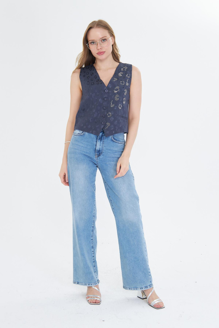 Leopar Desen Taşlı Yelek 