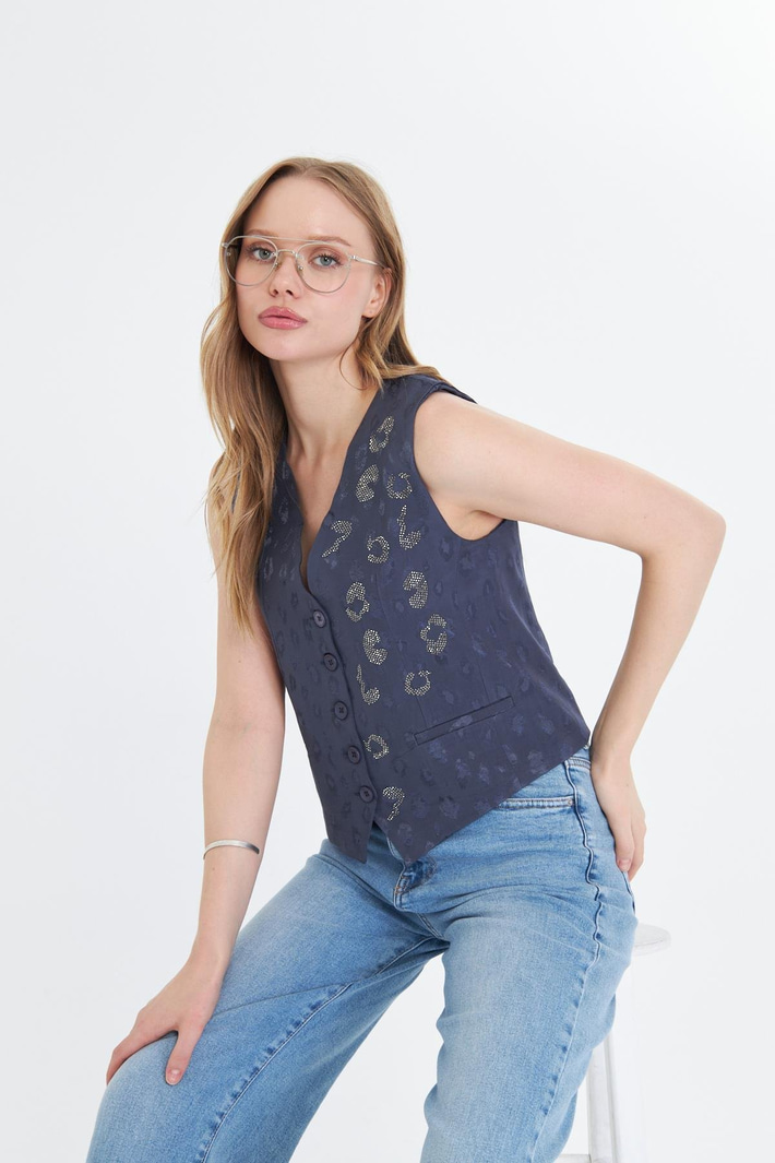 Leopar Desen Taşlı Yelek 