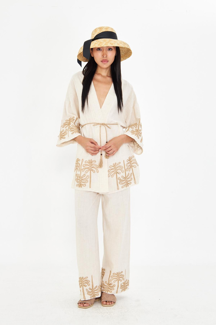 Nakışlı Hasır Kemerli Keten Görünümlü Kimono
