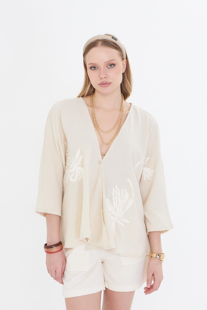 Pul Payet Süzene Nakışlı Keten Görünümlü Kimono 