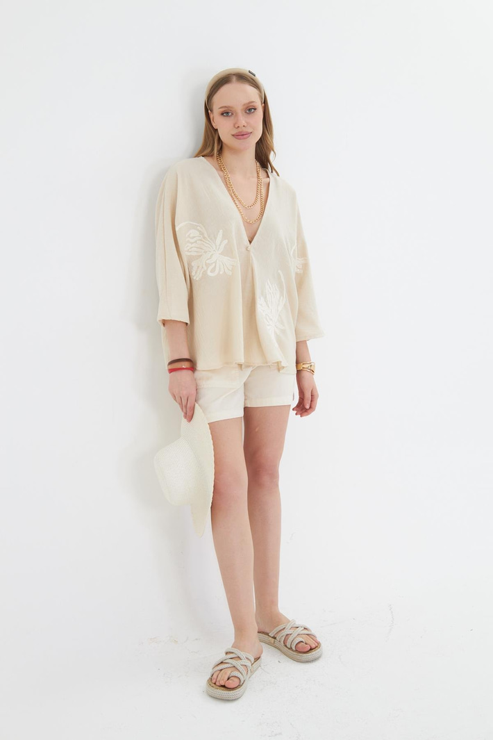 Pul Payet Süzene Nakışlı Keten Görünümlü Kimono 