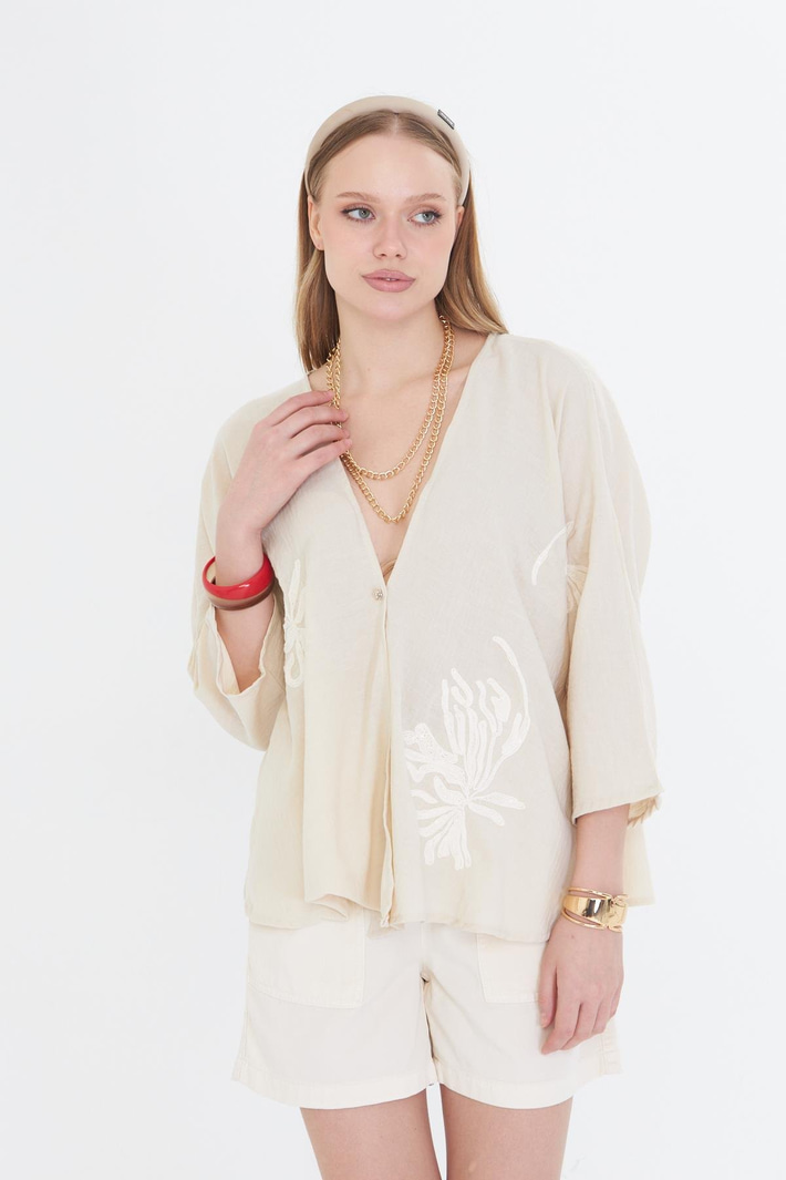 Pul Payet Süzene Nakışlı Keten Görünümlü Kimono 