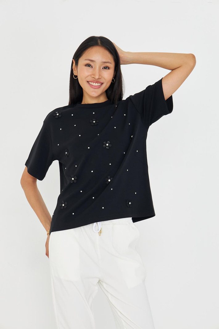 Taşlı Çiçekli Bambu T-Shirt