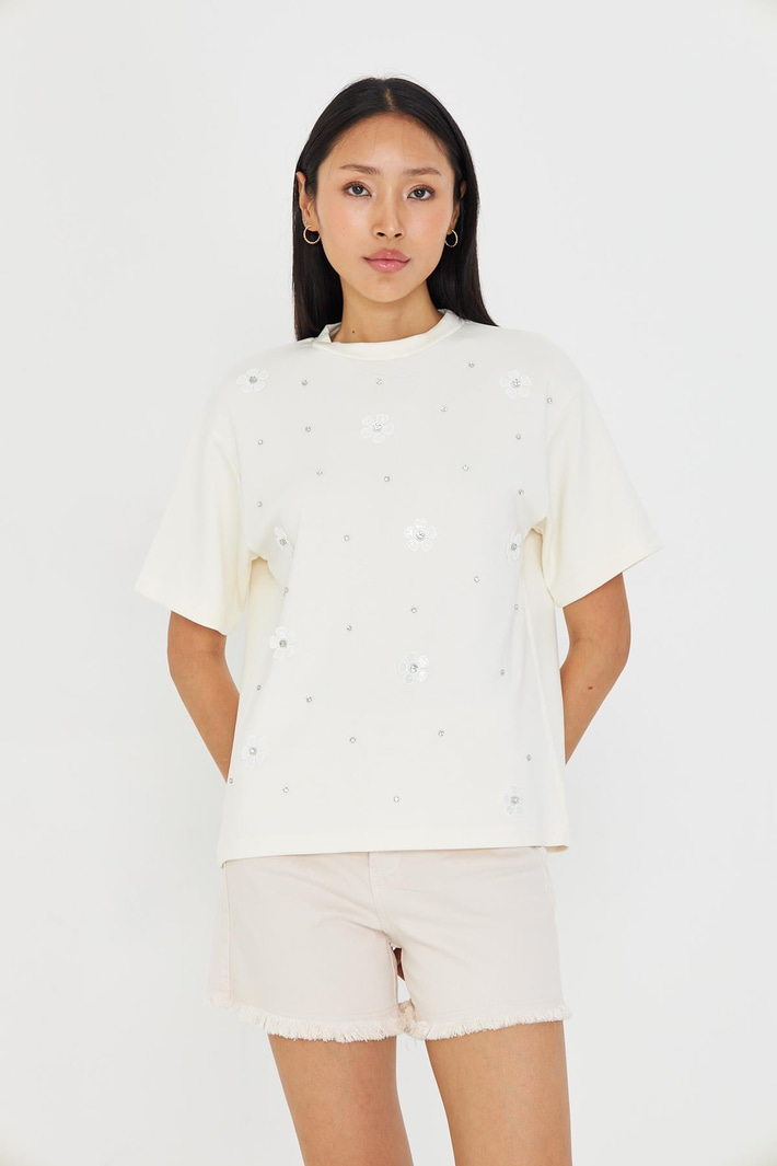 Taşlı Çiçekli Bambu T-Shirt