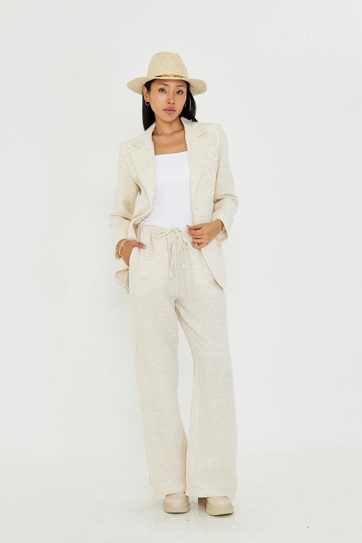 Yandan Cepli Ketenli Müslin Pantolon 