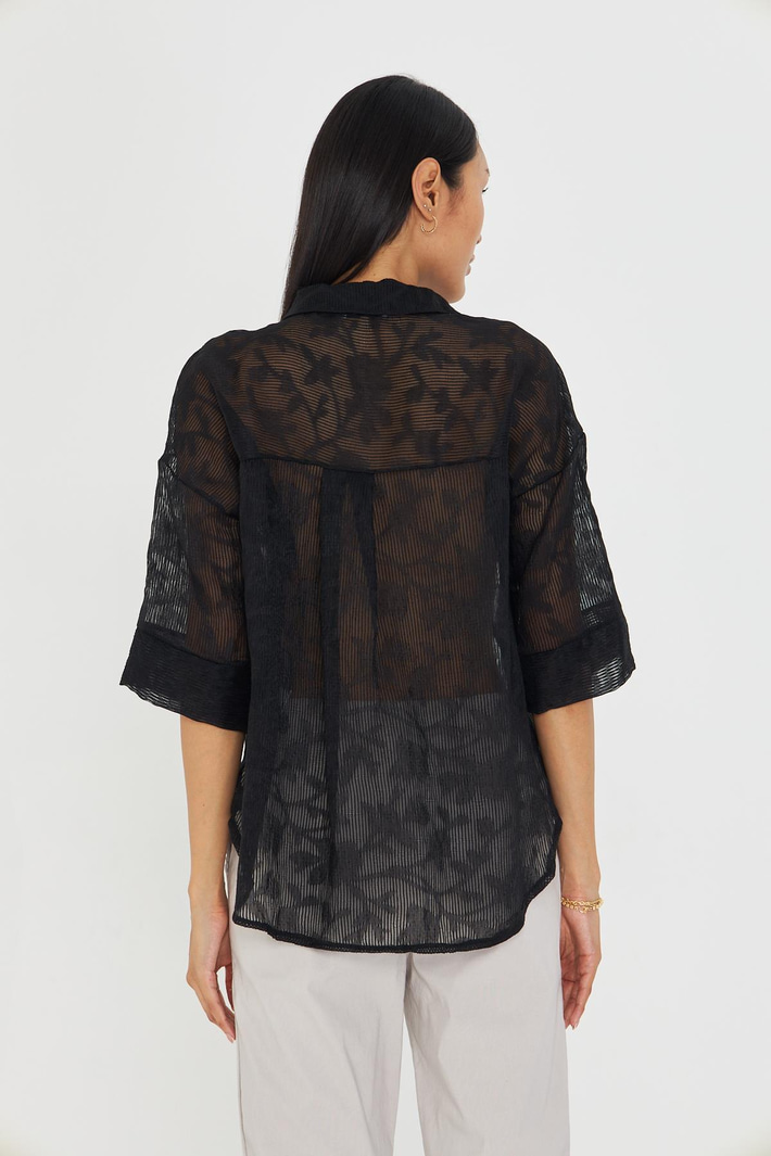 Yarım Kol Keten Görünümlü Tül Gömlek