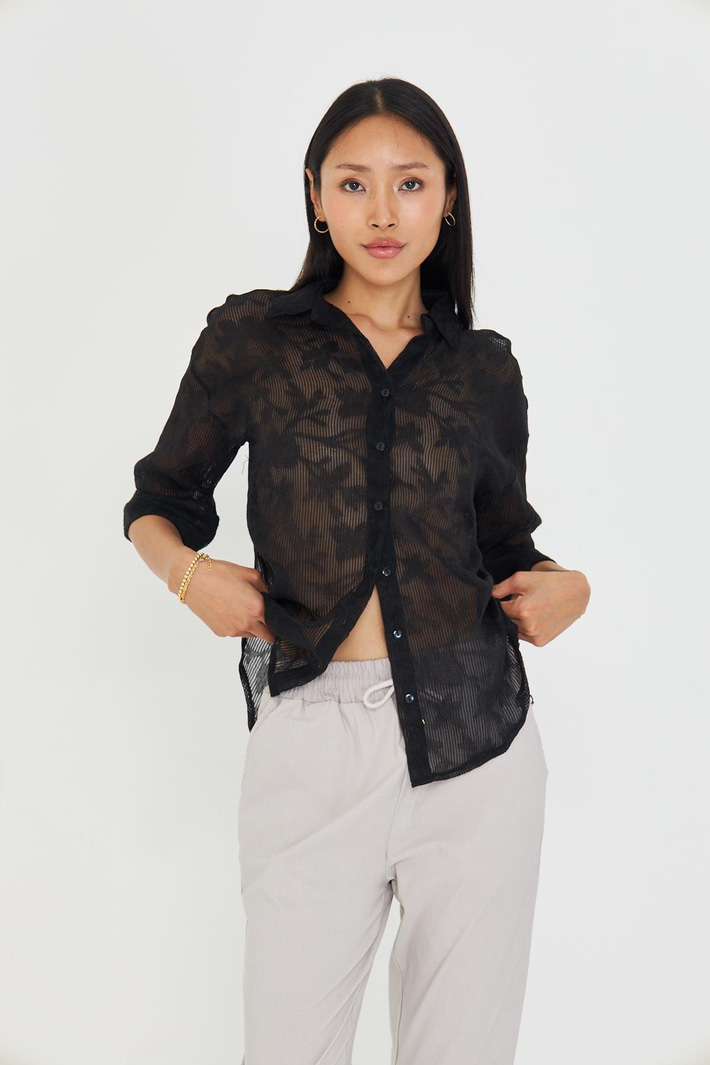 Yarım Kol Keten Görünümlü Tül Gömlek