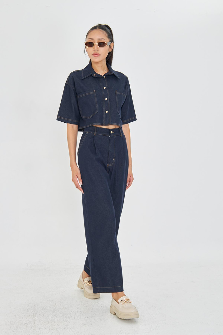 Yüksek Bel Palazzo Denim Pantolon - Gri
