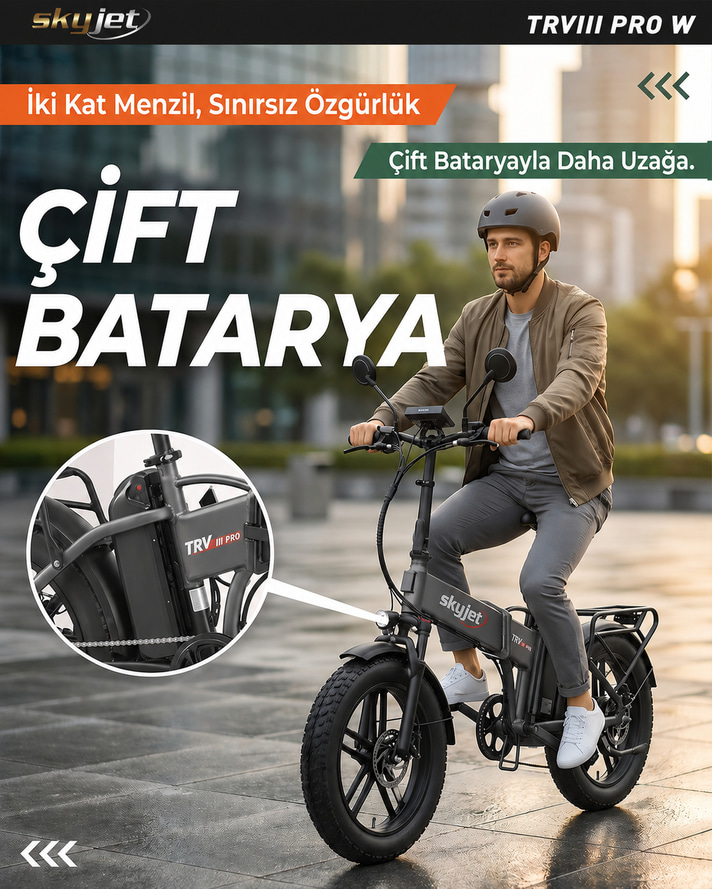 SKYJET TRVIII PRO W Çift Bataryalı 1000W Elektrikli BisikletSKYJET TRVIII PRO W ÇİFT BATARYALI 1000W ELEKTRİKLİ BİSİKLET AYNA ÇANTA VE EL GAZI HEDİYELİ