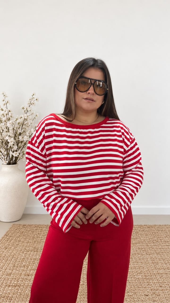 0504- Kırmızı Beyaz Stripe Bluz