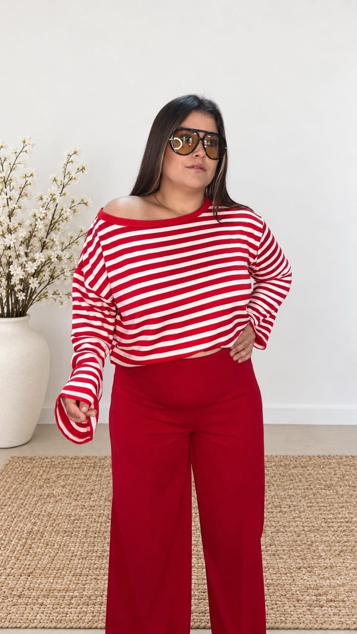 0504- Kırmızı Beyaz Stripe Bluz